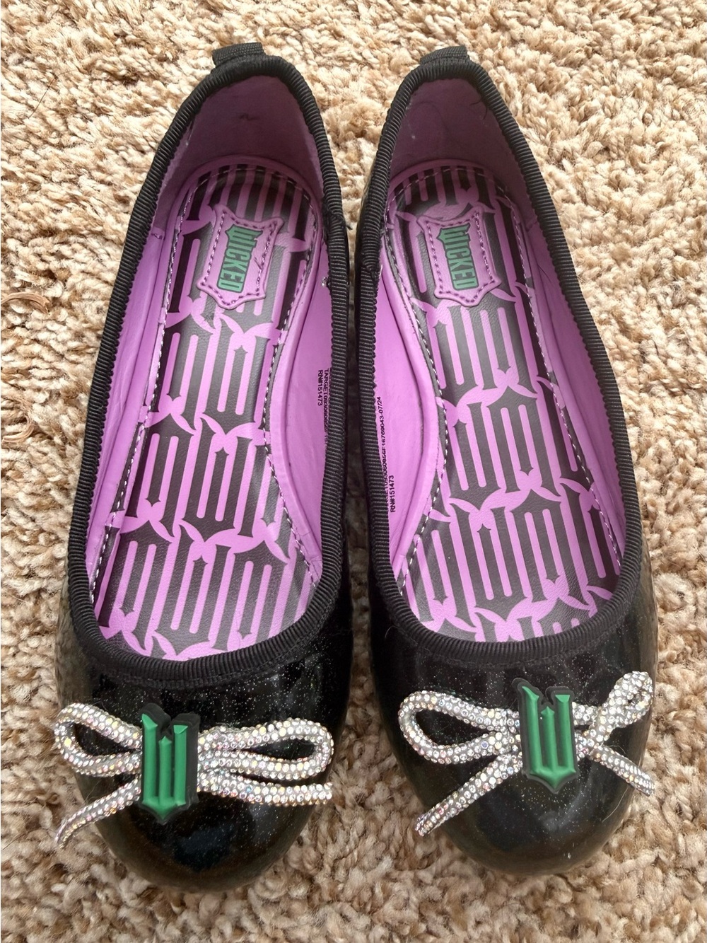 Wicked Girls Size 12 Ballet Flats Black Glitter Rhinestone Bow Green Shoes
